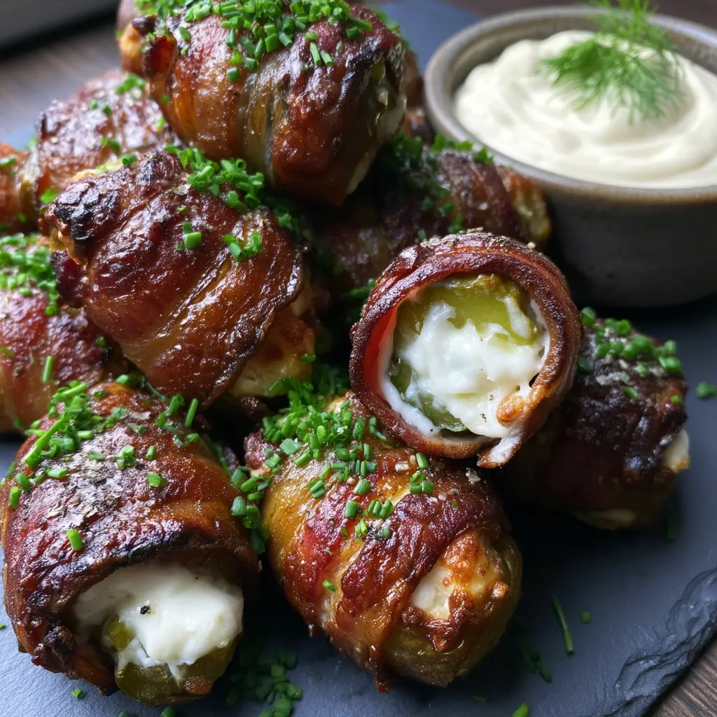 Pickle Poppers with Crispy Applewood Smoked Bacon and Creamy Ranch 1 A minimalist slate platter featuring a heap of glistening pickle poppers garnished with chives.