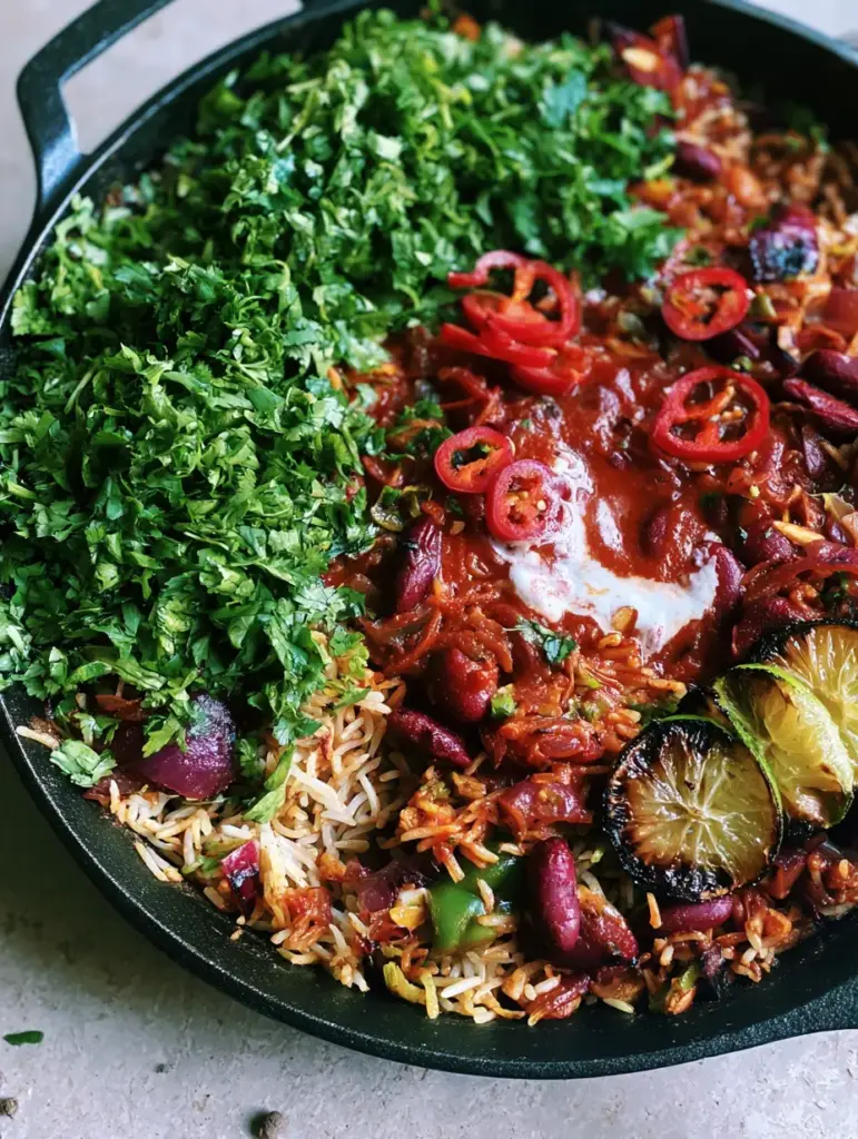 Kidney Beans and Rice Skillet: A Vibrant One-Pan Masterpiece 1 Full cast iron Kidney Beans and Rice Skillet featuring charred lime wedges and lime crema swirl.