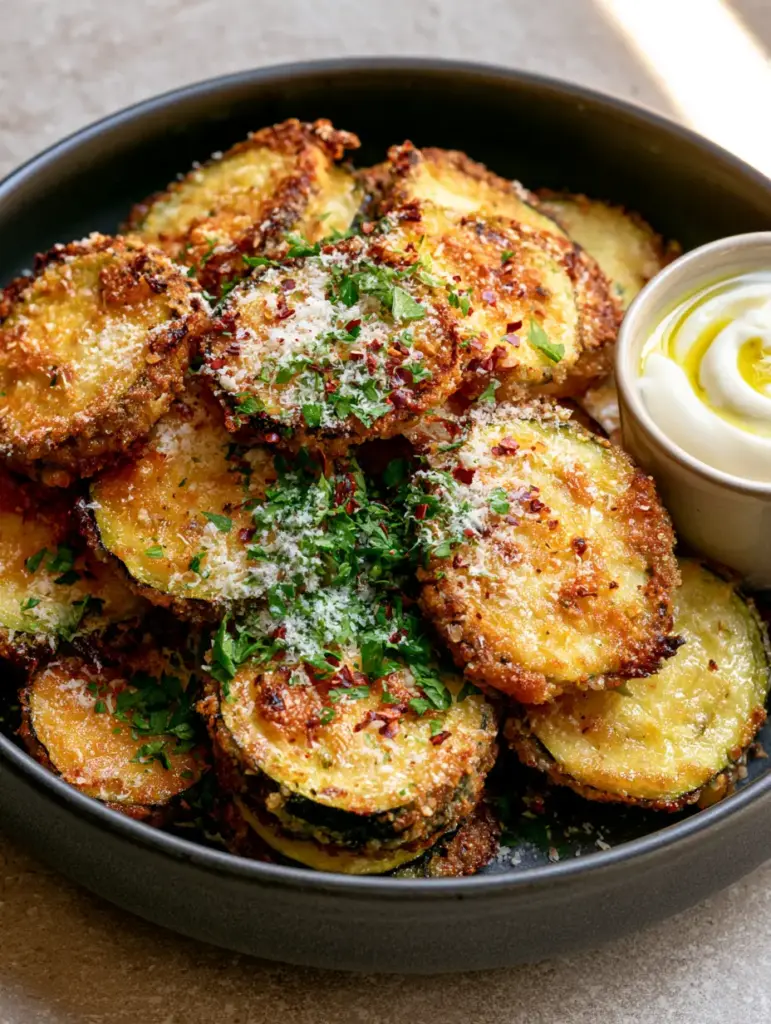 Zucchini Side Dishes: The Ultimate Crispy Air Fryer Parmesan Rounds 2 Macro shot of air-fried zucchini rounds with golden parmesan crust and red chili flakes. (zucchini side dishes)