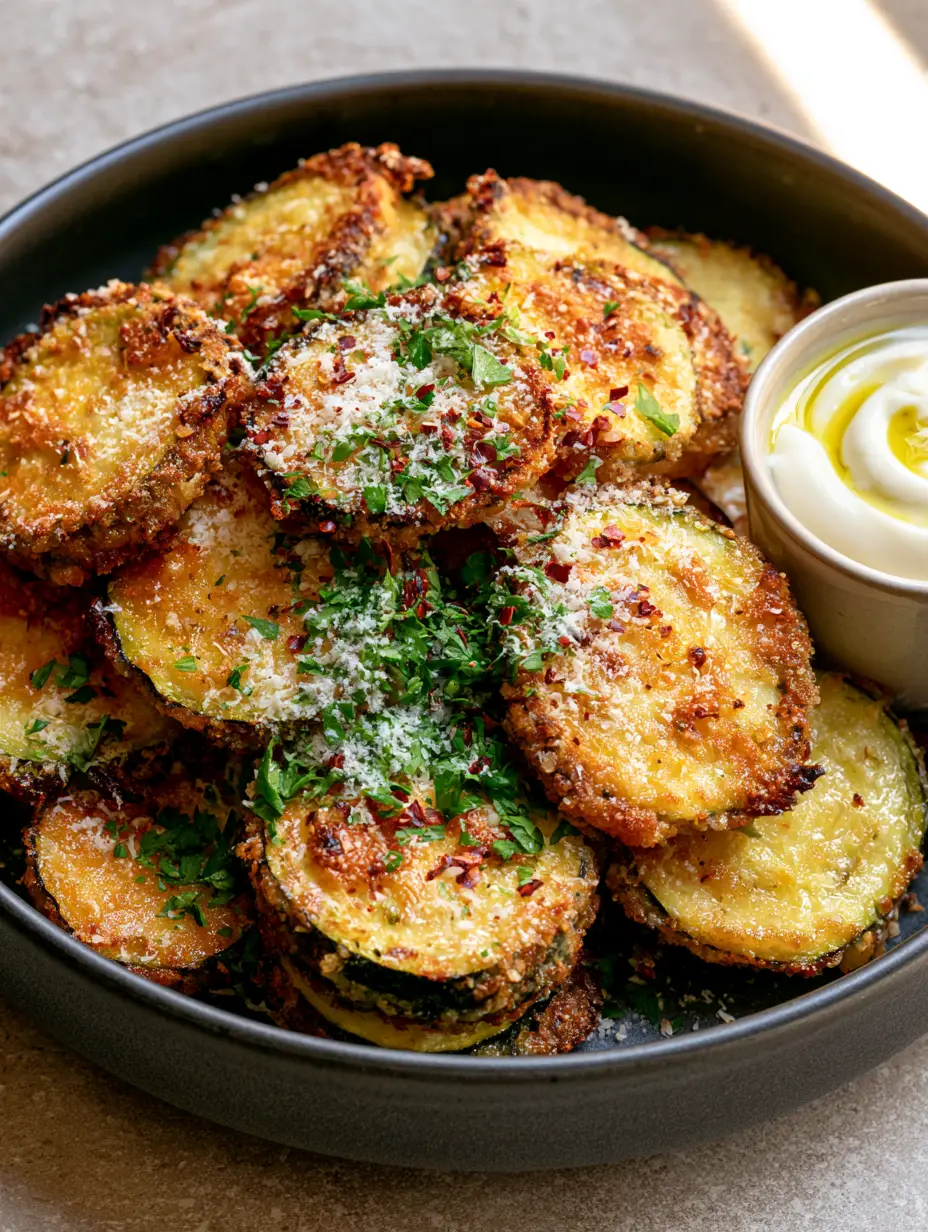 Zucchini Side Dishes: The Ultimate Crispy Air Fryer Parmesan Rounds 3 Macro shot of air-fried zucchini rounds with golden parmesan crust and red chili flakes. (zucchini side dishes)
