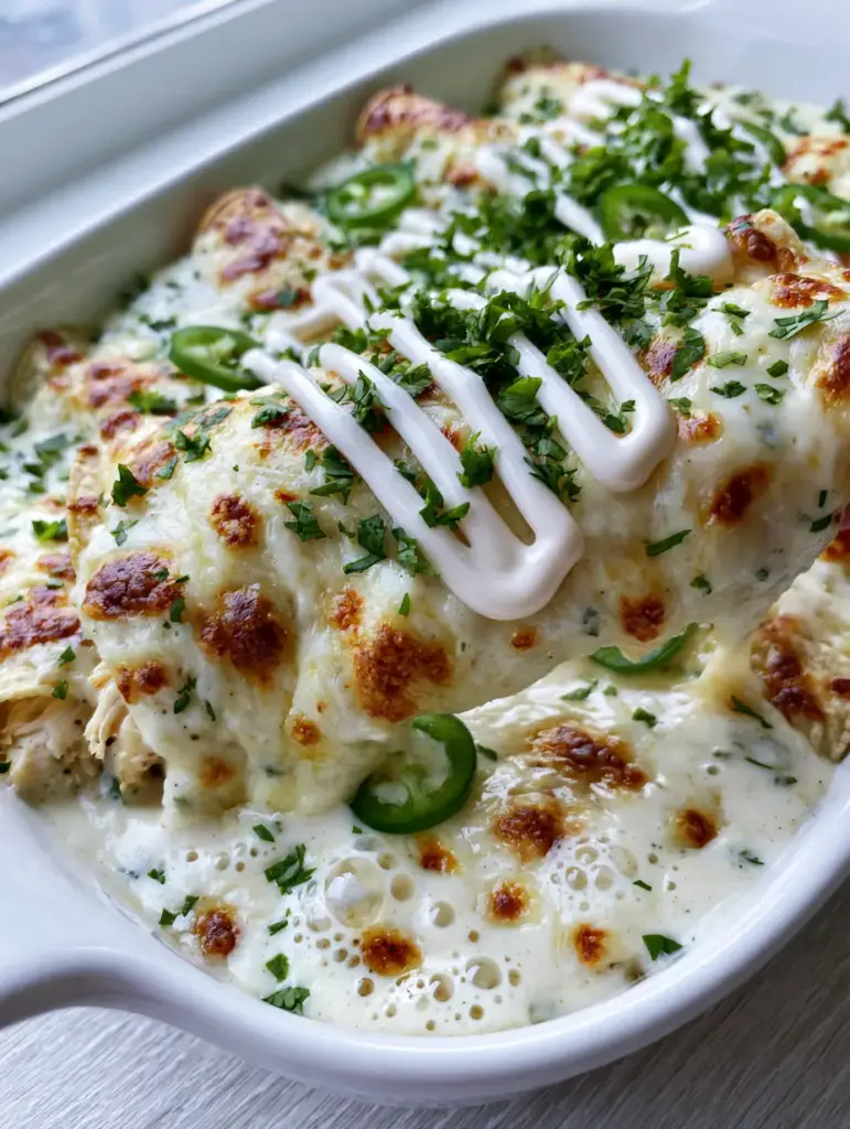 Chicken Enchiladas Recipe with a Velvety White Cream Sauce 2 White ceramic baking dish filled with creamy chicken enchiladas topped with golden cheese bubbles and crema (chicken enchiladas recipe)