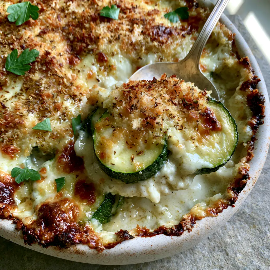 High-angle shot of a silver spoon lifting a firm zucchini slice from a bubbling cheese casserole.