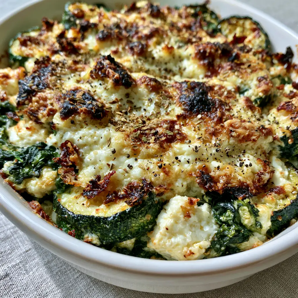 Zucchini Spinach and Feta Casserole with a Bubbly Parmesan Crust 1 Detailed view of the charred parmesan crust and creamy feta chunks in a Zucchini Spinach and Feta Casserole.