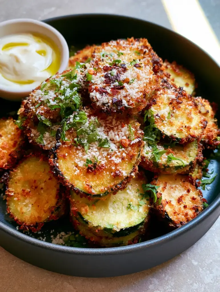 Zucchini Side Dishes: The Ultimate Crispy Air Fryer Parmesan Rounds 1 Stack of golden zucchini coins in a charcoal bowl with fresh parsley garnish.