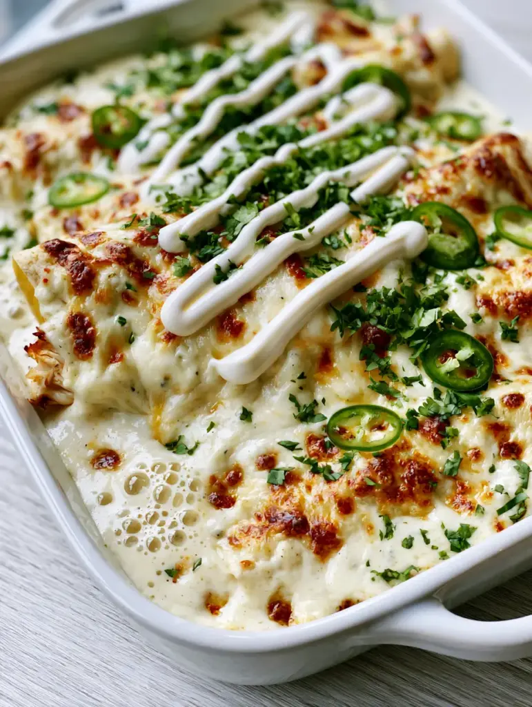 Chicken Enchiladas Recipe with a Velvety White Cream Sauce 1 Overhead view of chicken enchiladas showing cilantro and raw jalapeño toppings (chicken enchiladas recipe)