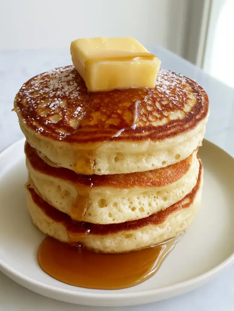 Close up of lacy griddle marks on a thick pancake with a square of melting yellow butter. (pancake and waffle guide poster)