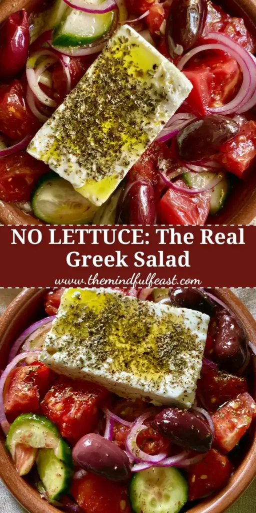 Greek salad recipe: The Authentic Horiatiki Village Salad Guide 4 A rustic terracotta bowl filled with a traditional Greek salad recipe, featuring large chunks of tomatoes, cucumber moons, and a massive slab of feta dusted with oregano.