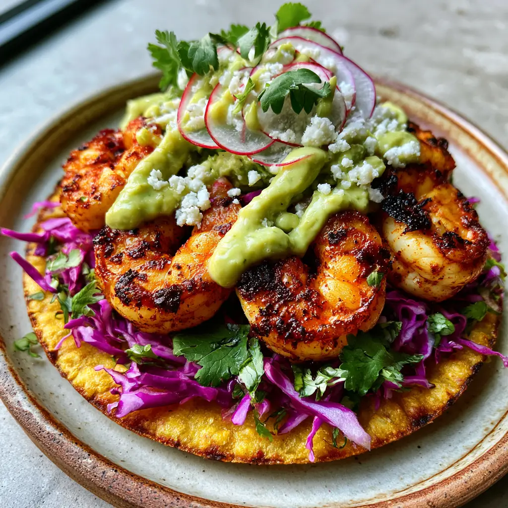 Chipotle Shrimp Tostadas: The Ultimate Smoky and Crispy Mexican Feast 2 A handheld smartphone photo of a vibrant chipotle shrimp tostada on a rustic plate featuring charred shrimp and a zig-zag of avocado crema. (chipotle shrimp tostadas)