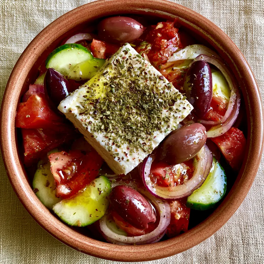 Greek salad recipe: The Authentic Horiatiki Village Salad Guide 2 Macro top-down view of an authentic Horiatiki showing wet shimmering tomato seeds and a matte feta block. (Greek salad recipe)