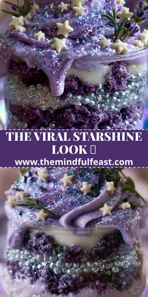 Staaaarshineeee: The Ultimate Celestial Lavender and Silver Honey Parfait 4 A tall, overflowing celestial staaaarshineeee dessert cup with lavender pudding, purple cake layers, and silver honey swirls under fairy lights.