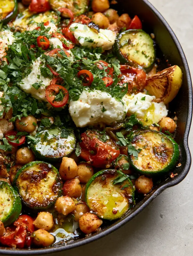 Zucchini Chickpea Skillet with Blistered Tomatoes and Feta 2 Close up of seared zucchini half-moons and toasted chickpeas in a cast iron pan. (Zucchini Chickpea Skillet)