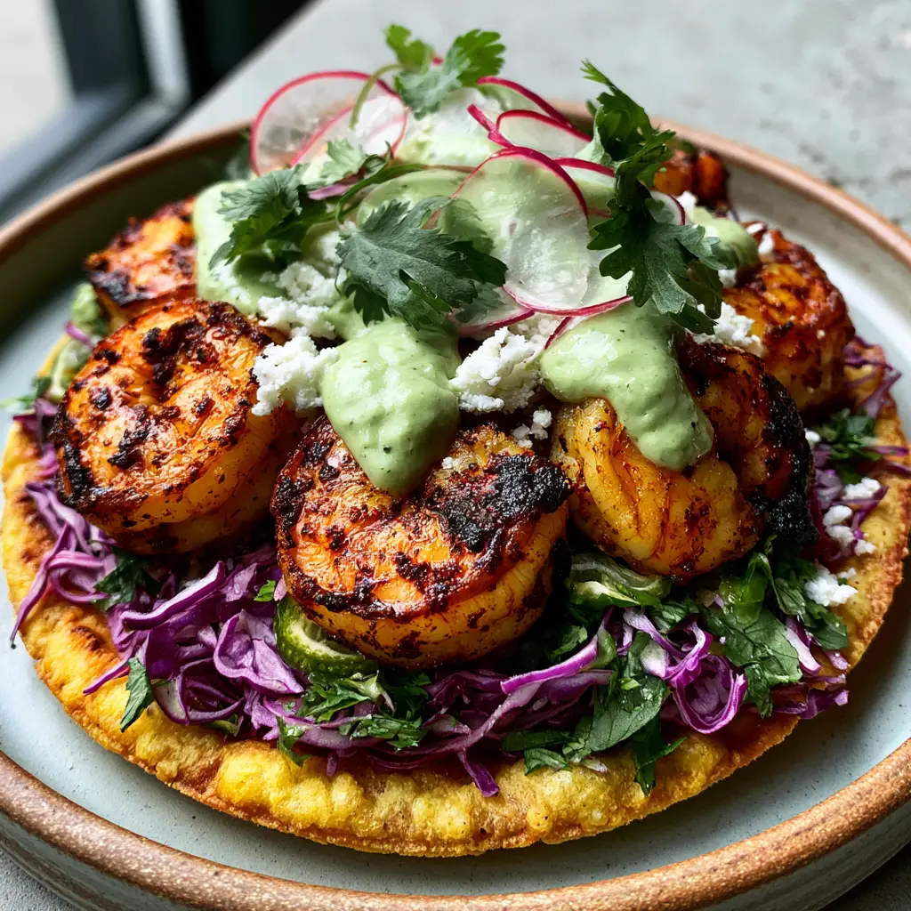 Chipotle Shrimp Tostadas: The Ultimate Smoky and Crispy Mexican Feast 1 Detailed shot of chipotle shrimp tostadas showing the translucent radish slices and crumbled queso fresco garnish. (chipotle shrimp tostadas)