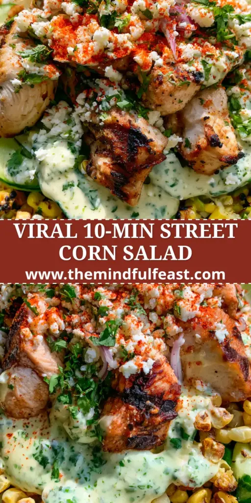 Street corn chicken salad with Charred Corn and Creamy Lime Dressing 4 A top-down shot of Street corn chicken salad with charred corn, seared chicken breast cubes, and creamy lime dressing in a rustic bowl. (Street corn chicken salad)