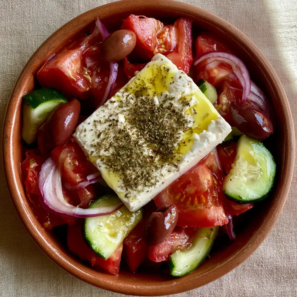 Greek salad recipe: The Authentic Horiatiki Village Salad Guide 1 Close up of golden olive oil drizzled over thick cucumber moons and purple Kalamata olives in a Greek salad recipe.