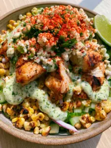 Close up of vibrant Street corn chicken salad featuring dark sear marks on chicken and blackened blisters on corn. (Street corn chicken salad)