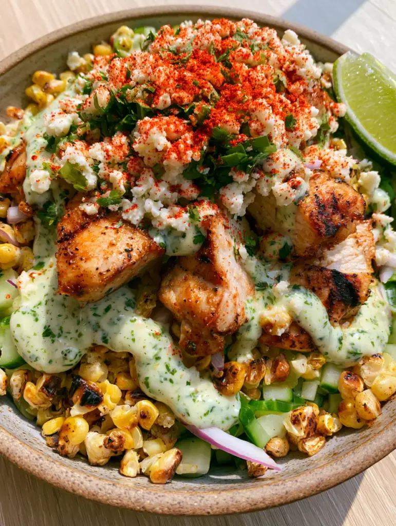 Street corn chicken salad with Charred Corn and Creamy Lime Dressing 2 Close up of vibrant Street corn chicken salad featuring dark sear marks on chicken and blackened blisters on corn. (Street corn chicken salad)
