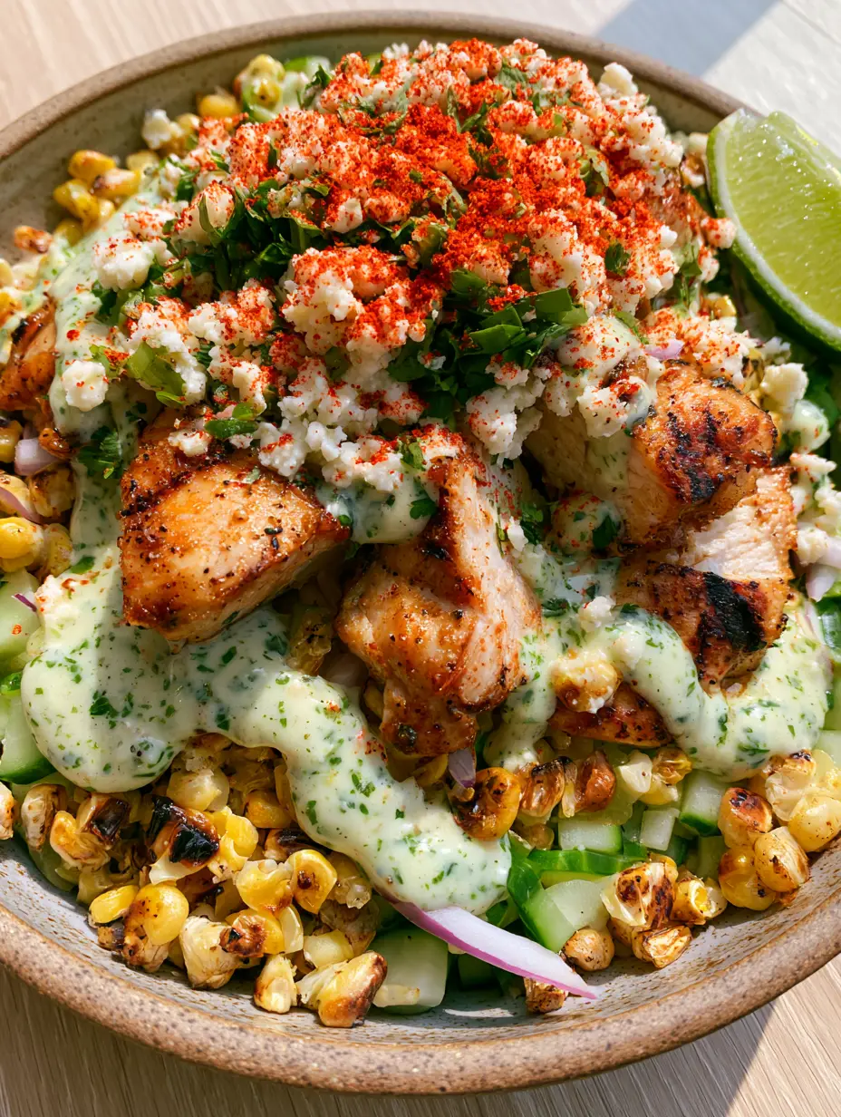 Street corn chicken salad with Charred Corn and Creamy Lime Dressing 3 Close up of vibrant Street corn chicken salad featuring dark sear marks on chicken and blackened blisters on corn. (Street corn chicken salad)