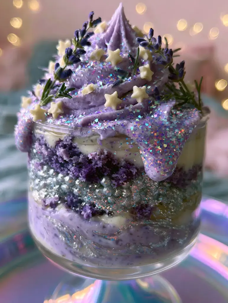 Staaaarshineeee: The Ultimate Celestial Lavender and Silver Honey Parfait 1 Top view of the staaaarshineeee dessert featuring a mountain of whipped violet cream, white chocolate stars, and holographic glitter.