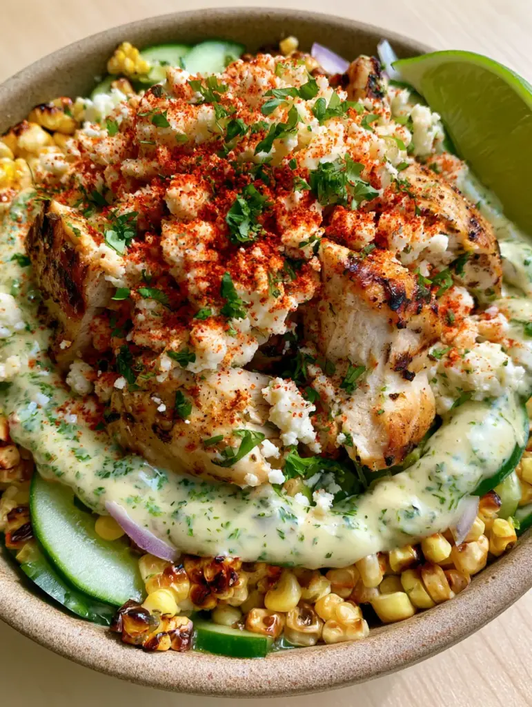 Street corn chicken salad with Charred Corn and Creamy Lime Dressing 1 Side view of Street corn chicken salad showing the thick pale-lime dressing and snow-white cotija cheese. (Street corn chicken salad)