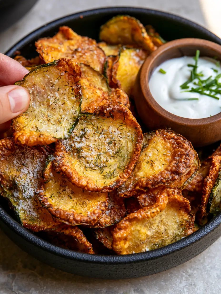 Macro shot of paper-thin cucumber chips with golden curled edges and ranch powder. (cucumber chips recipe)