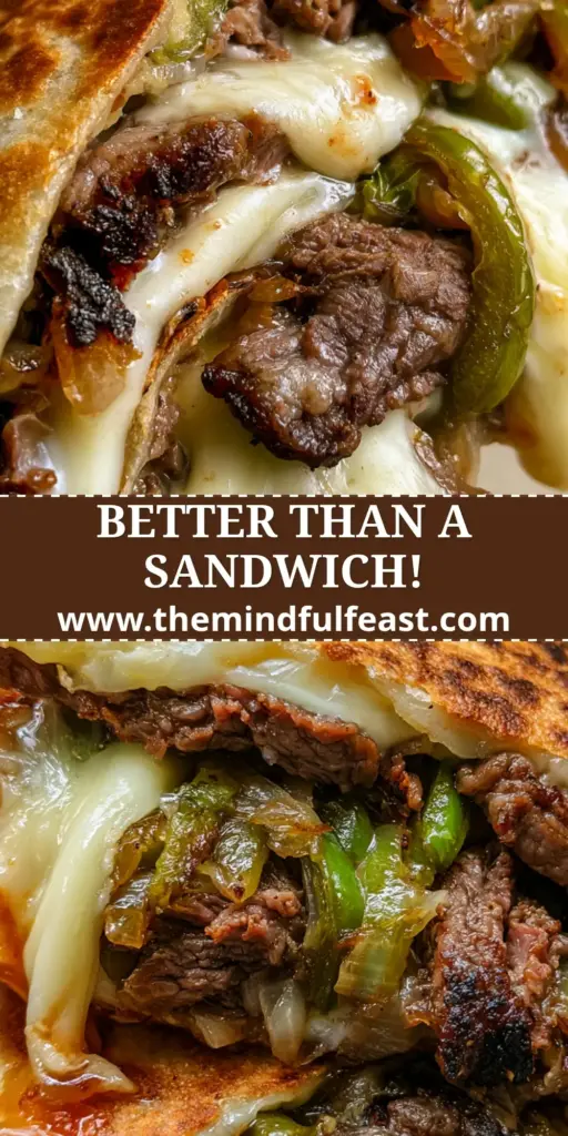 Philly Cheesesteak Quesadilla Recipe with Shaved Ribeye and Garlic Butter 4 A close-up vertical shot of a sliced Philly cheesesteak quesadilla recipe with melting cheese and seared ribeye. (Philly cheesesteak quesadilla recipe)