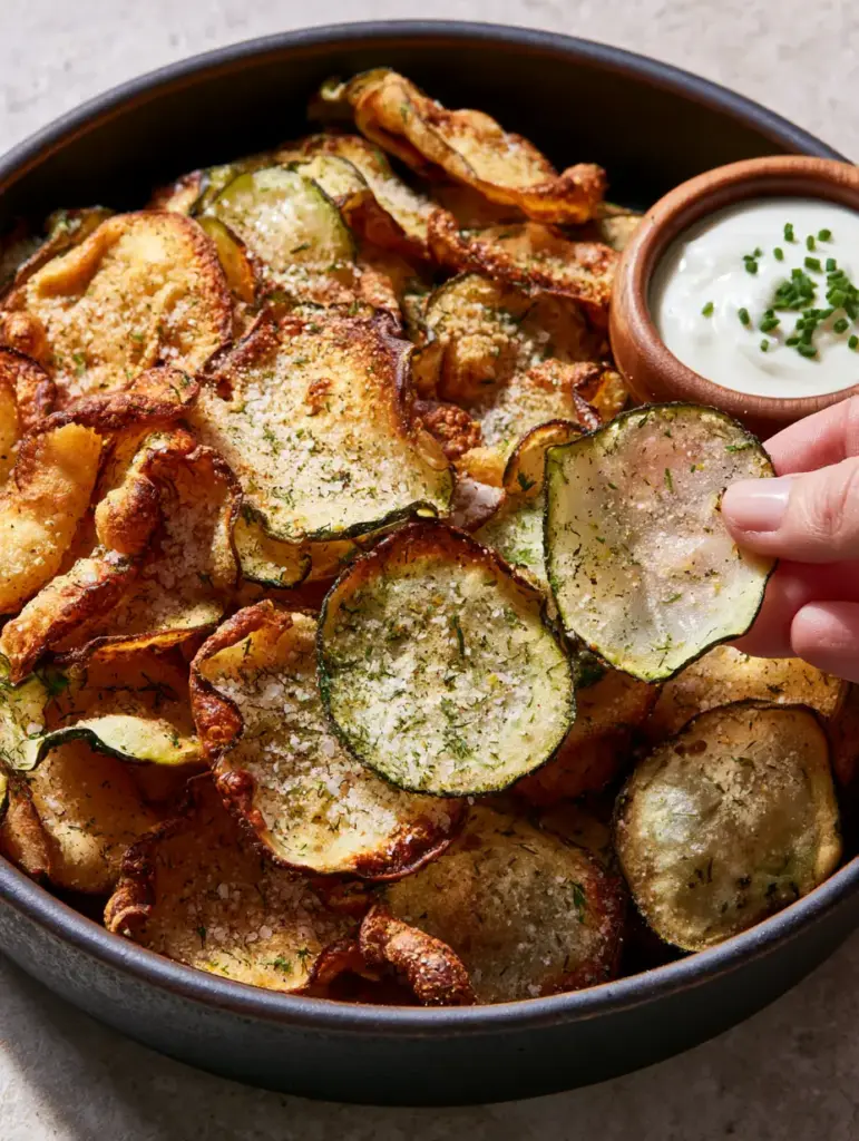 A hand holding a glass-like, brittle cucumber chip over a bowl of chive dip. (cucumber chips recipe)