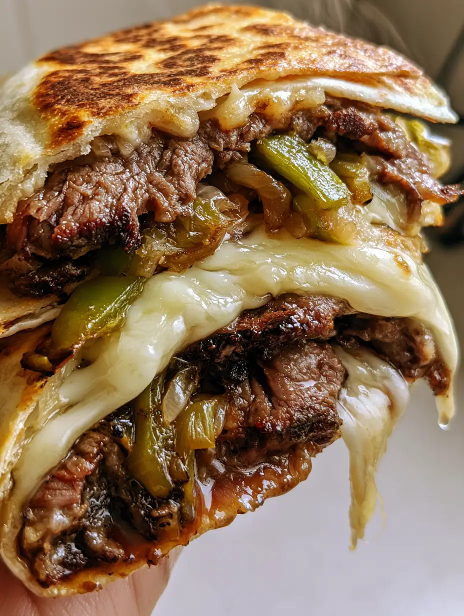 Philly Cheesesteak Quesadilla Recipe with Shaved Ribeye and Garlic Butter 3 Extreme macro shot of a Philly cheesesteak quesadilla recipe showing charred ribeye and leopard spotting on the tortilla. (Philly cheesesteak quesadilla recipe)