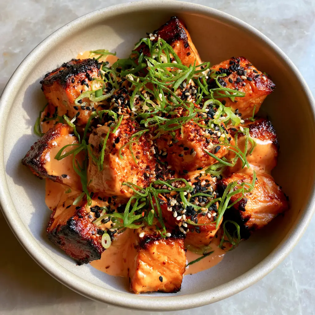 Bang Bang Salmon Recipe: Crispy Air-Fried Bites with Sriracha Honey Glaze 2 A handheld smartphone photo showing flaky, charred salmon cubes smothered in a glossy coral sauce. (bang bang salmon recipe)