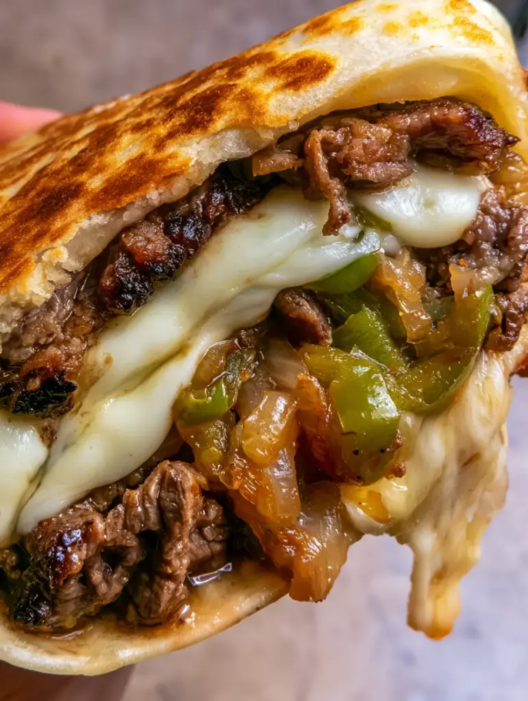 Philly Cheesesteak Quesadilla Recipe with Shaved Ribeye and Garlic Butter 1 A cross-section of a Philly cheesesteak quesadilla recipe with oozing provolone and caramelized green peppers.