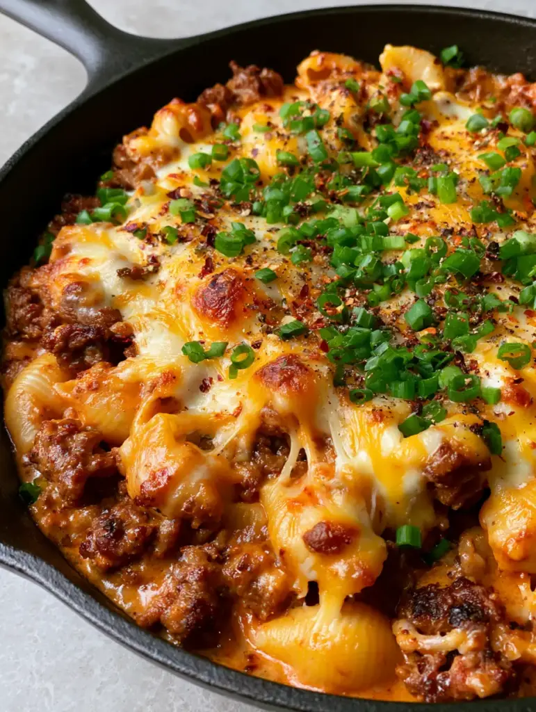 Ground Beef Dinner Recipes: The Ultimate One-Pot Cheesy Pasta Skillet 2 Close up of caramelized ground beef and glossy pasta shells in a tomato cream sauce. (ground beef dinner recipes)