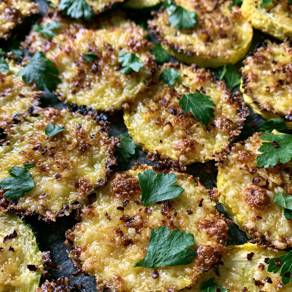 Garlic Parmesan Zucchini and Squash Medley with a Crispy Crust 2 45-degree angle extreme close-up of blistered zucchini and squash rounds with caramelized garlic and red pepper flakes on a dark slate background. (garlic parmesan zucchini and squash medley)