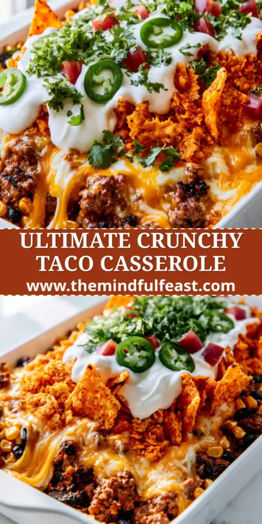 Doritos Taco Casserole with Cheesy Ground Beef and Corn 4 A high-angle shot of a Doritos taco casserole in a white dish, topped with whole Doritos, sour cream drizzle, and fresh jalapeños on a marble counter.
