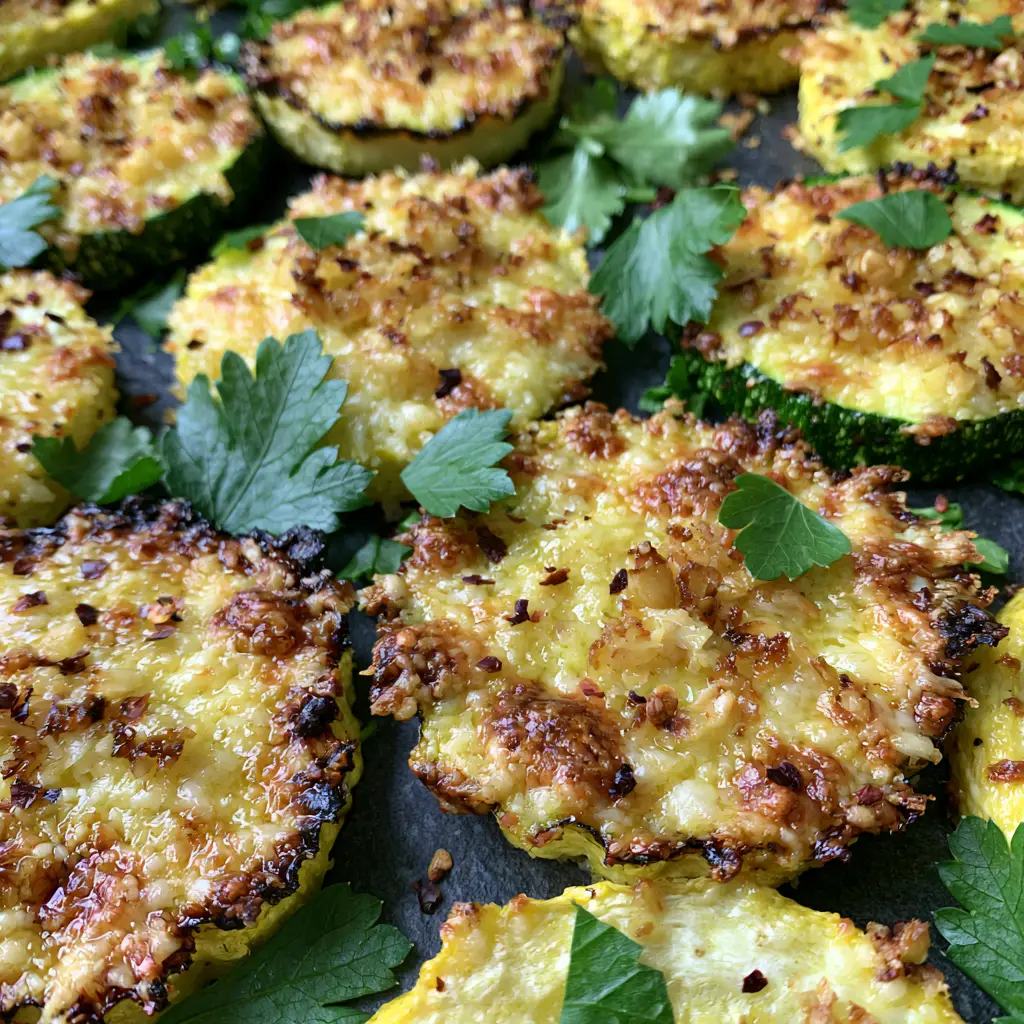 Garlic Parmesan Zucchini and Squash Medley with a Crispy Crust 1 Extreme close-up of bubbly parmesan crust on roasted yellow squash slices with fresh parsley flakes.
