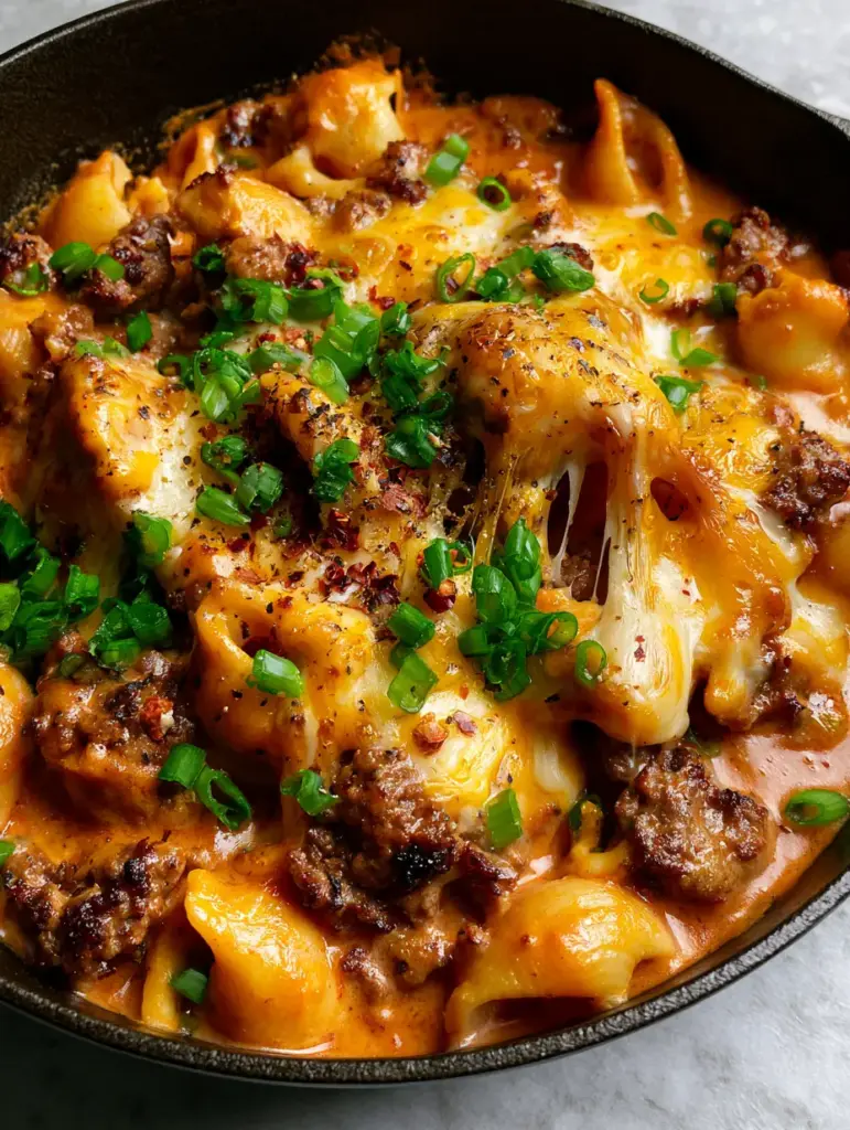 Ground Beef Dinner Recipes: The Ultimate One-Pot Cheesy Pasta Skillet 1 Cast iron skillet with melted bubbly cheddar cheese and long cheese pulls. (ground beef dinner recipes)