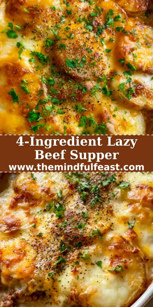 Baked Beef Supper with Shingled Yukon Gold Potatoes and Gooey Cheese 4 A rustic white ceramic dish featuring a baked beef supper with shingled potatoes and melted cheddar cheese.