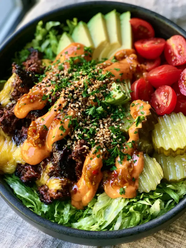Burger Bowl Recipe: The Ultimate Keto-Friendly Big Mac In A Bowl 2 Macro shot of seared ground beef with bubbling sharp cheddar cheese in a Burger Bowl Recipe. (Burger Bowl Recipe)