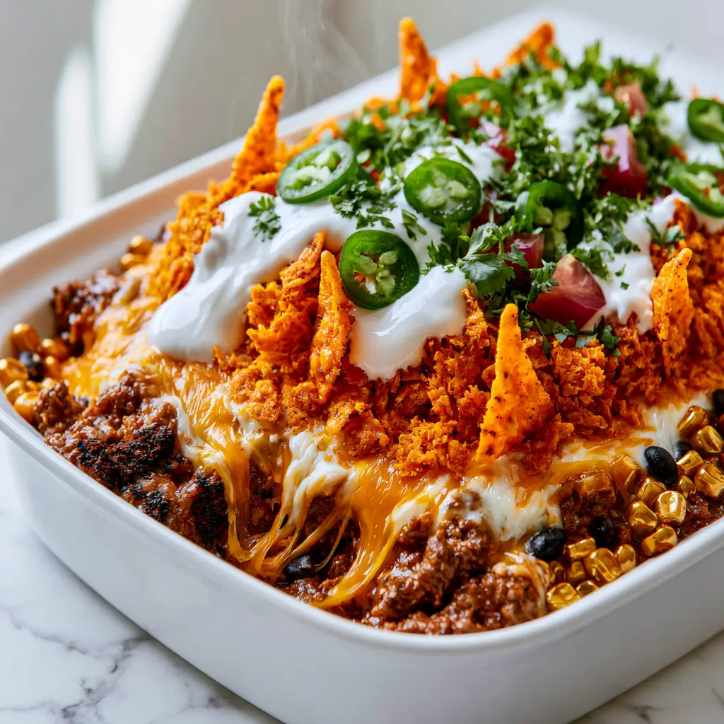 Doritos Taco Casserole with Cheesy Ground Beef and Corn 2 Close up of melted cheddar cheese pulls and golden ground beef in a doritos taco casserole.