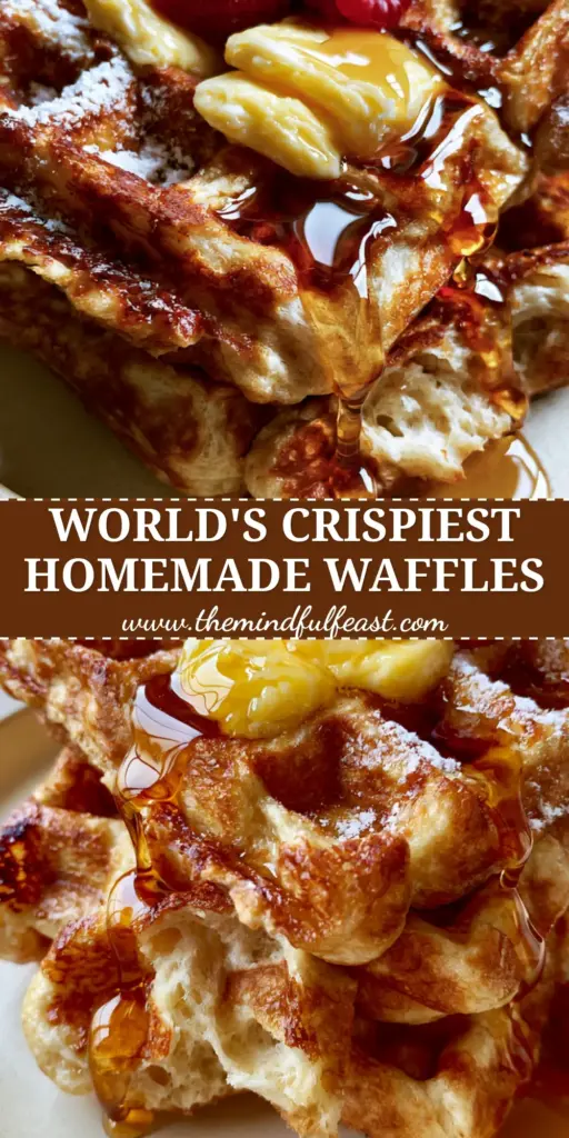 Homemade Waffles Recipe: The Ultimate Crispy Belgian Stack 4 A tall stack of three Belgian waffles with melting butter, maple syrup, and five raspberries on an oak table. (homemade waffles recipe)