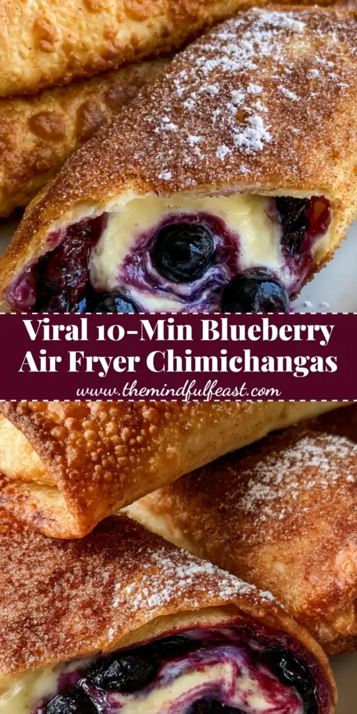 Air Fryer Blueberry Chimichangas: The Ultimate Crispy Cheesecake Dessert 4 A stack of golden-brown air fryer blueberry chimichangas sliced to show an oozing cream cheese and blueberry center on a white plate.