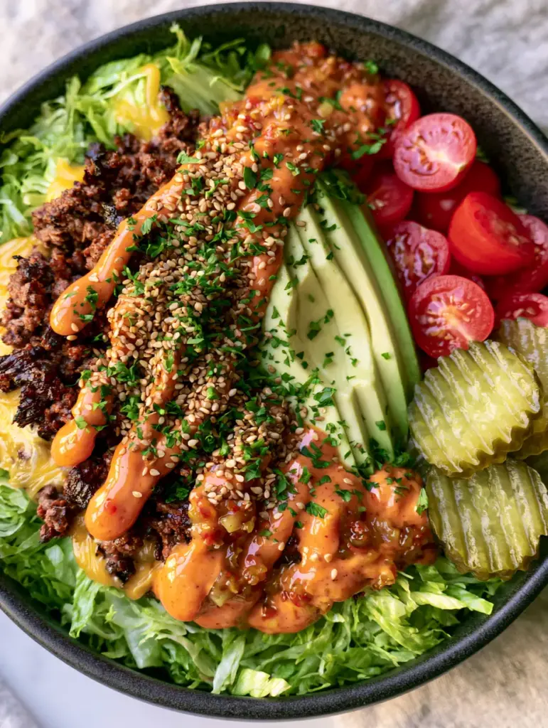 Burger Bowl Recipe: The Ultimate Keto-Friendly Big Mac In A Bowl 1 A colorful Keto Burger Bowl with orange special sauce drizzle, sesame seeds, and fresh parsley.