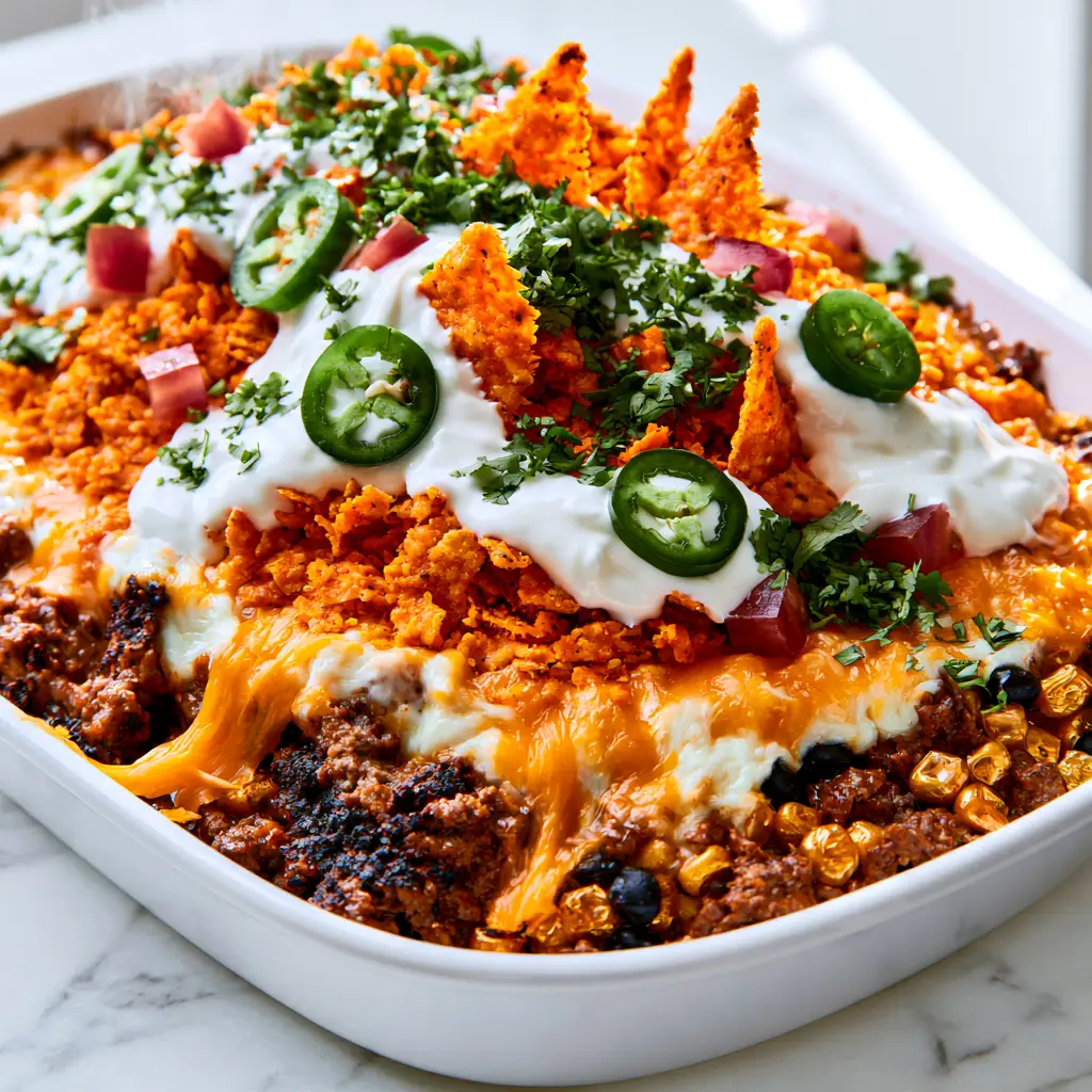 Doritos Taco Casserole with Cheesy Ground Beef and Corn 1 Jagged, crispy Nacho Cheese Doritos standing upright on a bed of melted cheese and beef.
