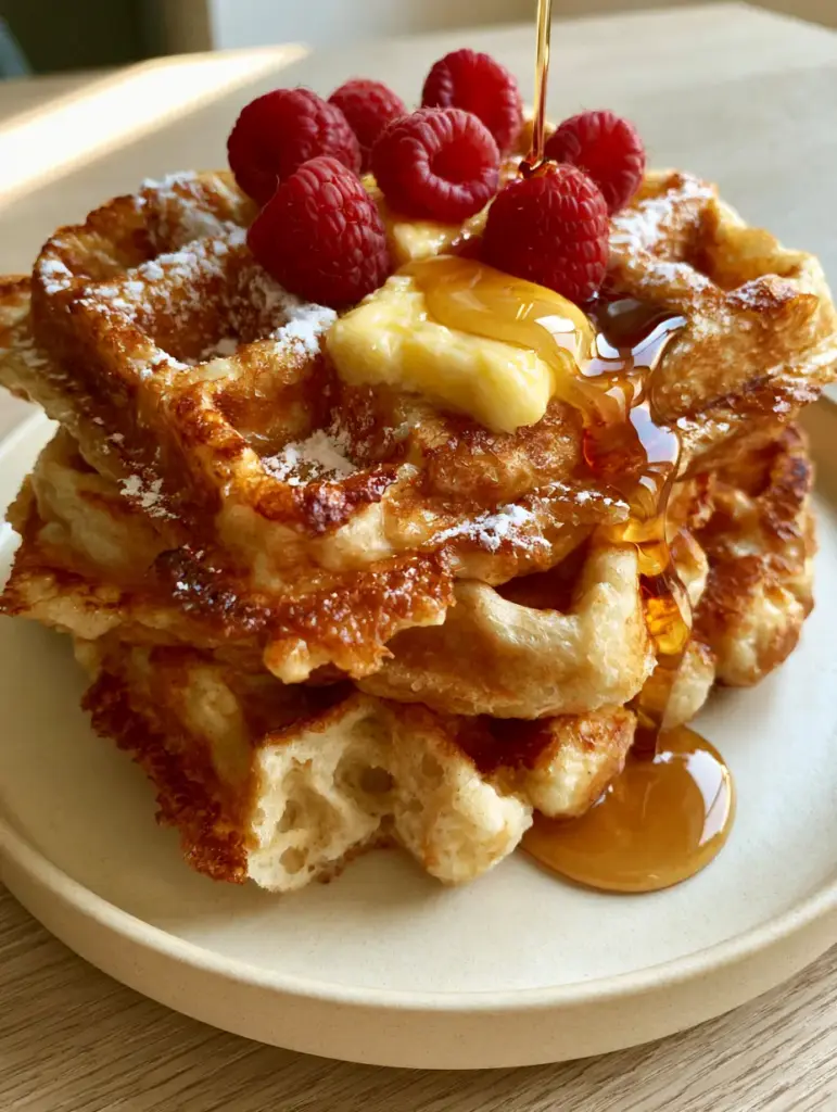Homemade Waffles Recipe: The Ultimate Crispy Belgian Stack 2 Side view of golden-brown thick Belgian waffles with syrup dripping into deep pockets. (homemade waffles recipe)