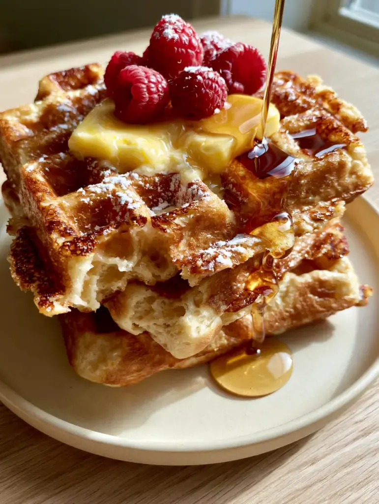 Homemade Waffles Recipe: The Ultimate Crispy Belgian Stack 1 Close up of a cut Belgian waffle showing the airy interior and crispy caramelized edges. (homemade waffles recipe)