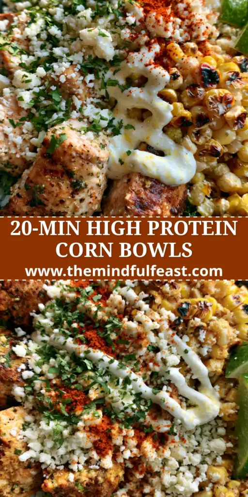 Street Corn Chicken Bowl with Charred Corn and Cilantro Lime Chicken 4 A top-down view of a Street Corn Chicken Bowl with charred corn, seared chicken, and a crema drizzle in a grey bowl. (Street Corn Chicken Bowl)