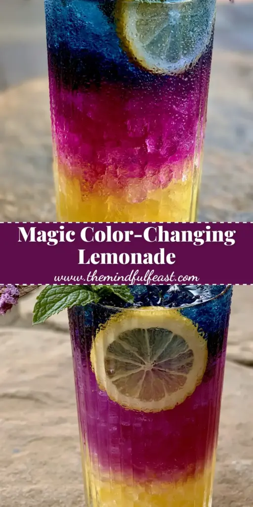 Butterfly Pea Lemonade: A Magical Layered Summer Refreshment 4 A tall ribbed glass filled with layered Butterfly Pea Lemonade showing yellow, magenta, and blue tiers with crushed ice and mint.