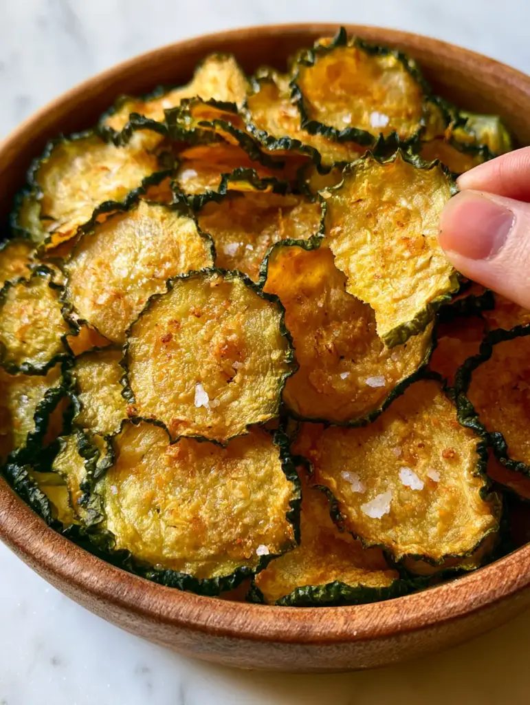 Cucumber Chips: The Ultimate Crispy Salt and Vinegar Snack 1 Ultra-thin English cucumber chips piled high in a rustic wooden bowl on a marble countertop.