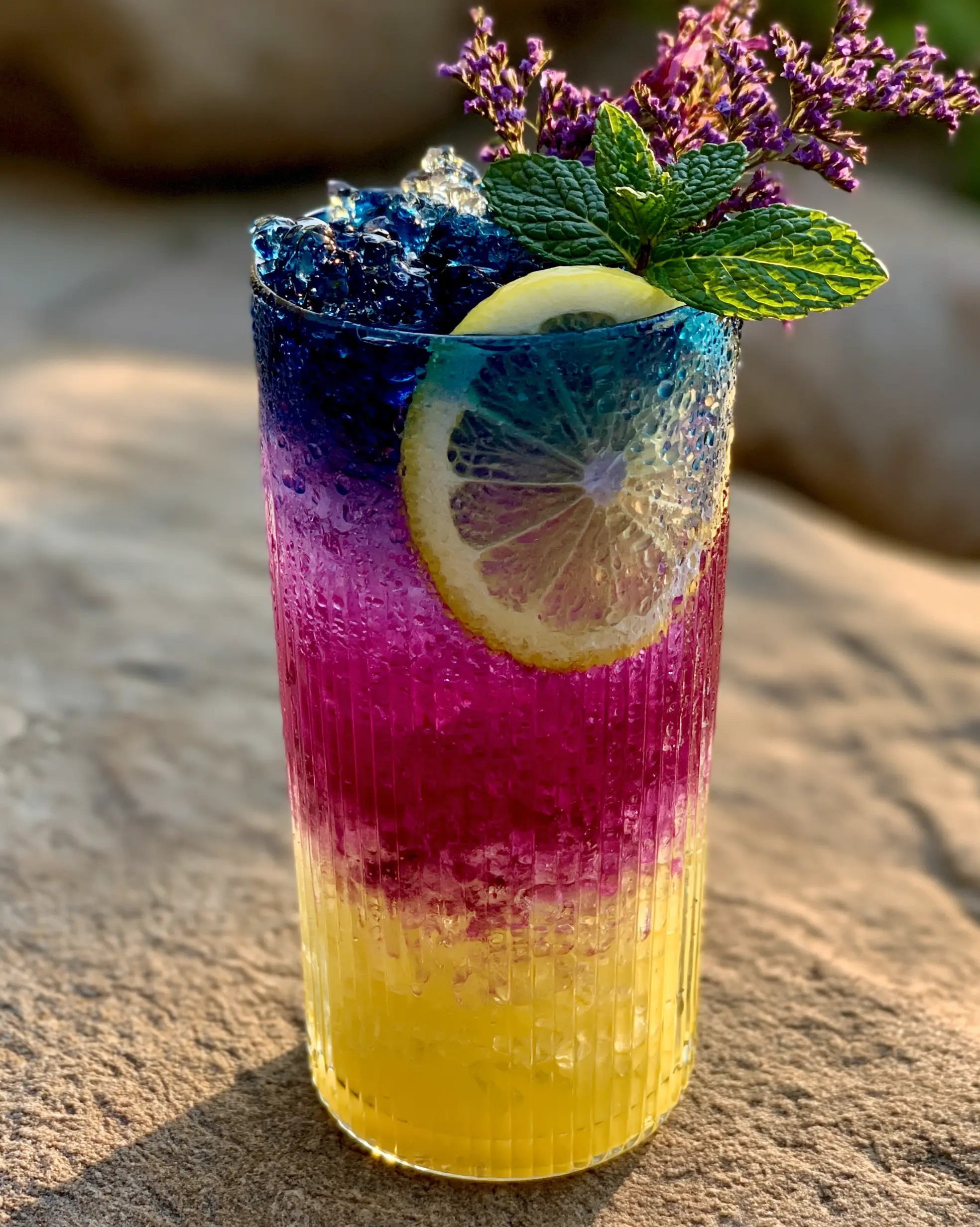 Butterfly Pea Lemonade: A Magical Layered Summer Refreshment 3 A close-up handheld smartphone photo of a Butterfly Pea Lemonade in a ribbed glass with glistening condensation.