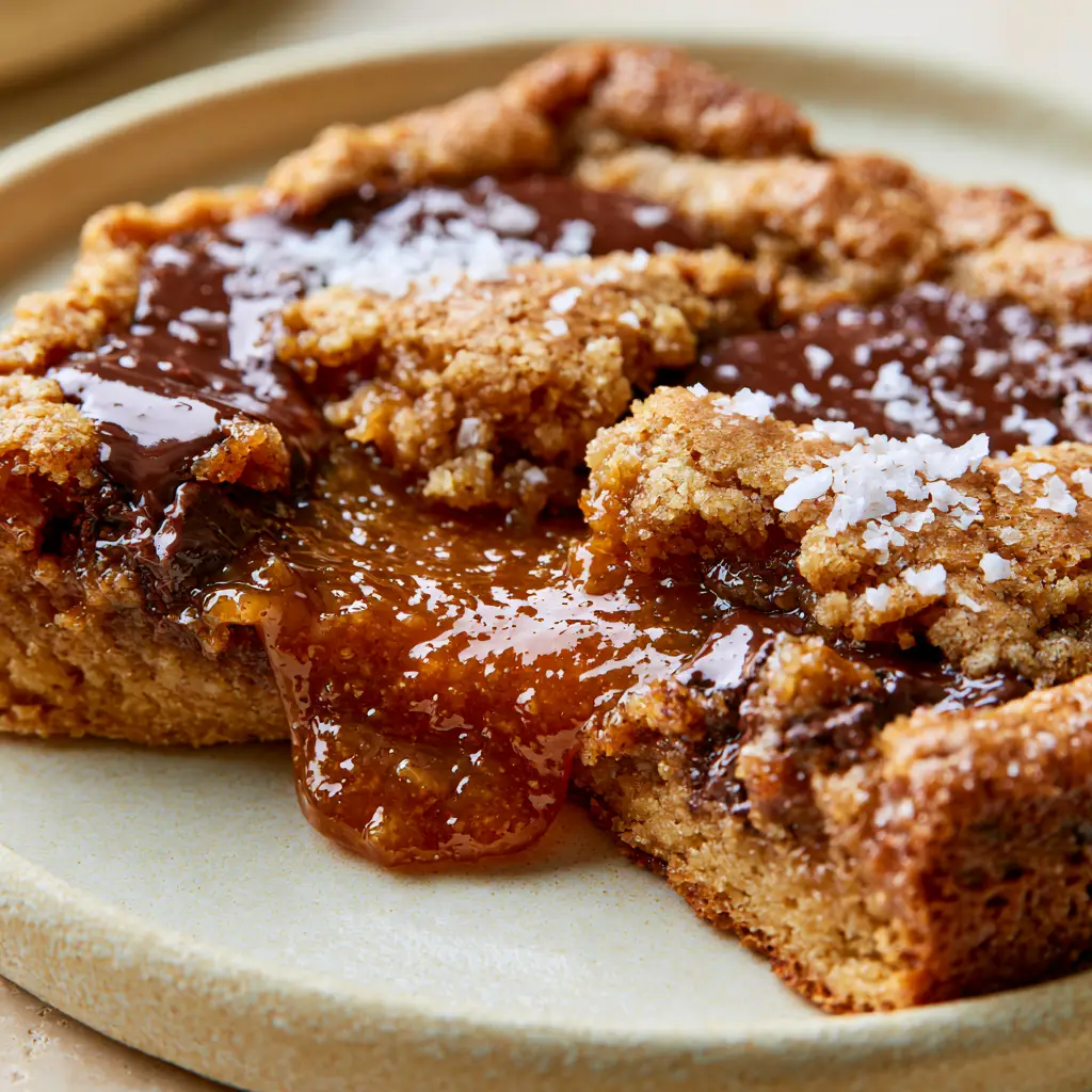 Deep Dish Chocolate Chip Caramel-Filled Cookies: The Ultimate Gooey Recipe 2 Close up shot of golden-brown cookie crumb textured with melted dark chocolate chunks and a sprinkle of flaky salt. (deep dish chocolate chip caramel-filled cookies)