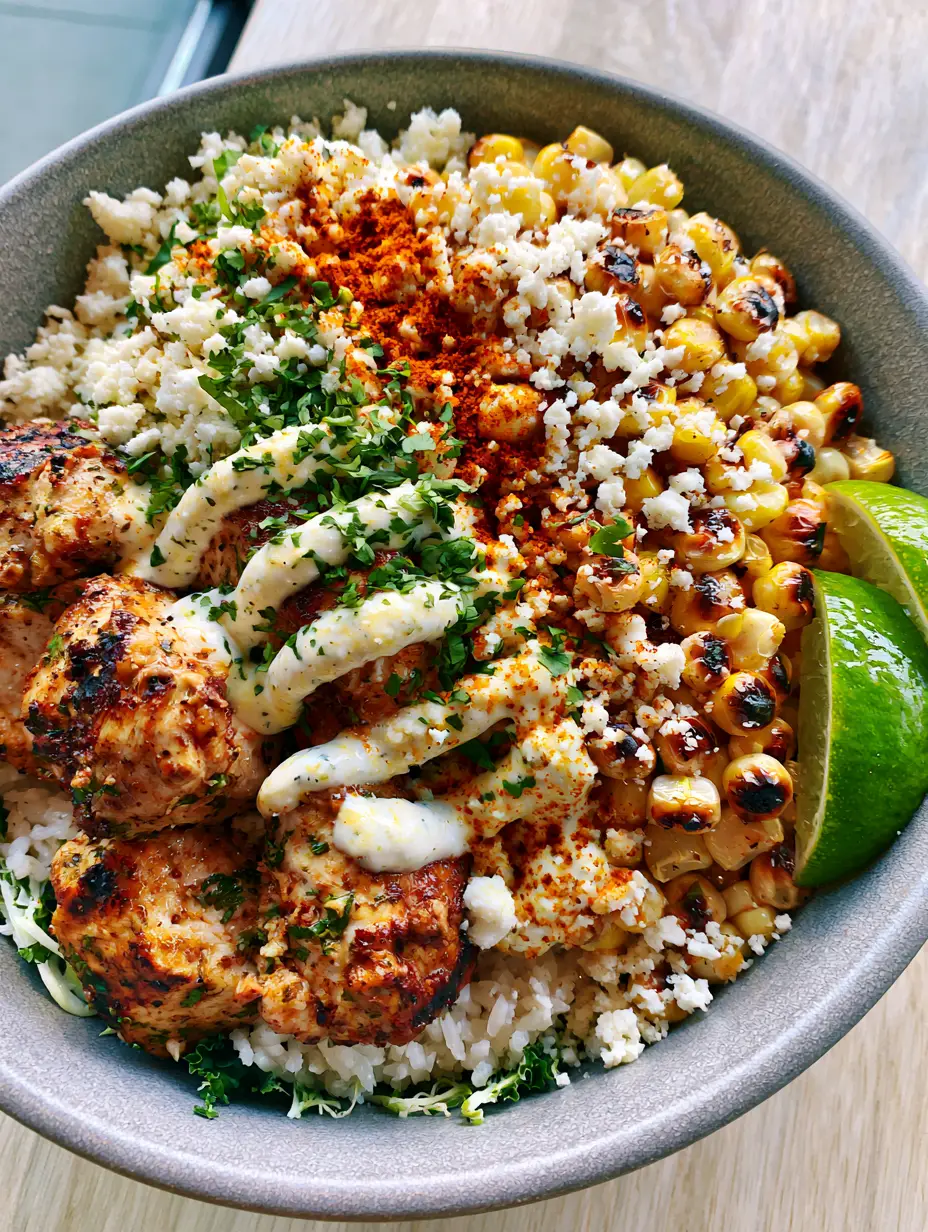 Street Corn Chicken Bowl with Charred Corn and Cilantro Lime Chicken 3 Macro photo of seared chicken cubes and charred corn kernels in a Street Corn Chicken Bowl. (Street Corn Chicken Bowl)