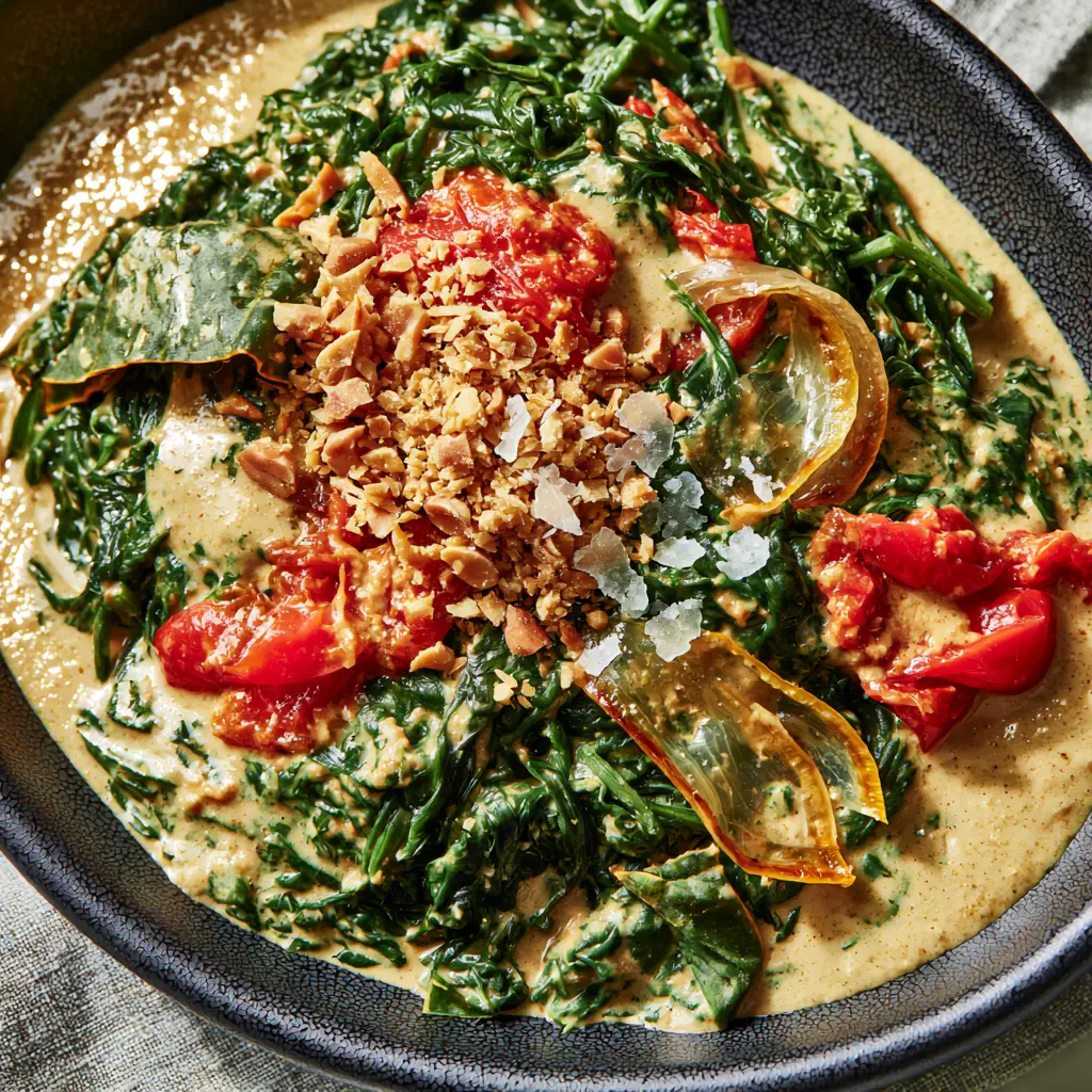 Zambian Recipes: Authentic Ifisashi with Velvety Peanut Sauce 2 Macro top-down view of Zambian Ifisashi in a black bowl showing thick peanut sauce and crushed nuts. (Zambian recipes)